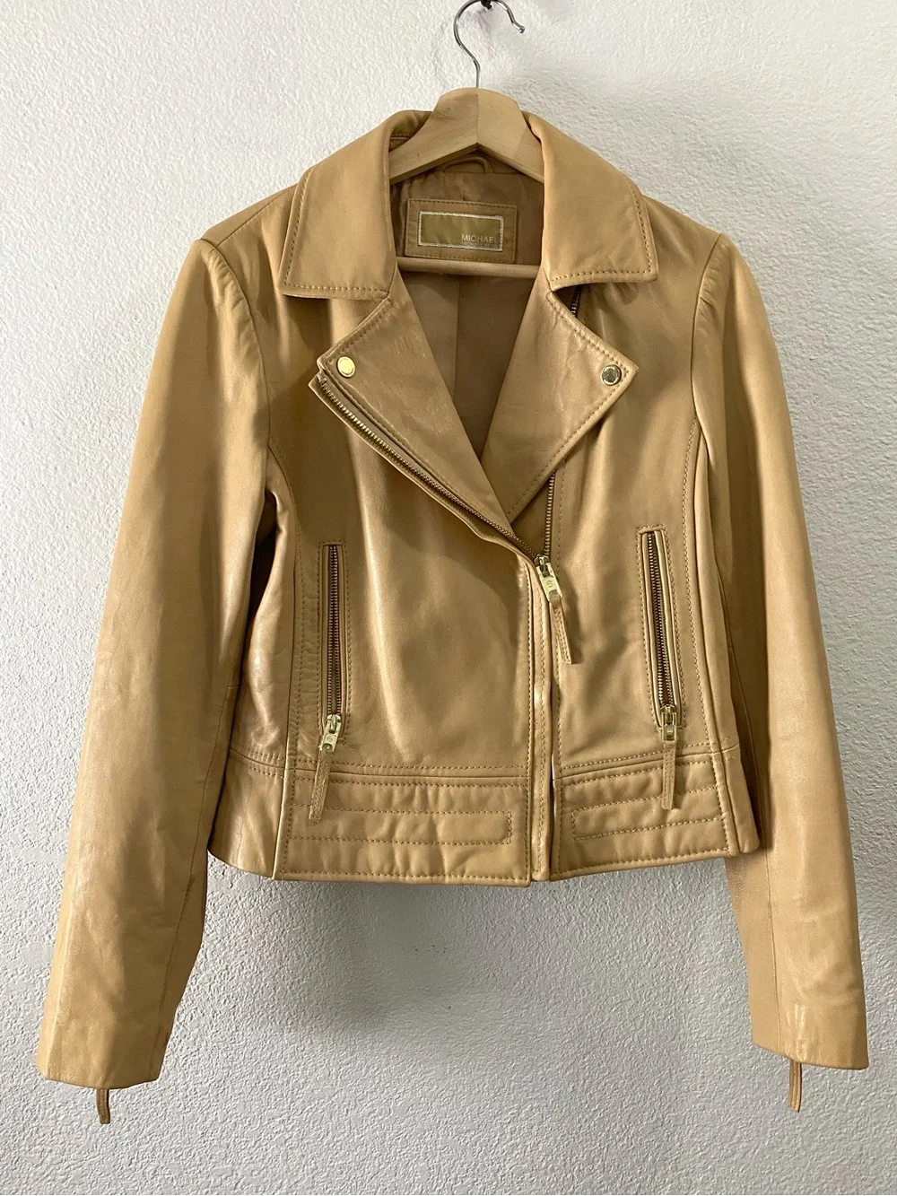 New Michael Kors 100% Leather Moto Jacket Medium Camel Brown Flawed